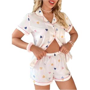 imageSOLY HUX Womens Summer Short Pajamas Heart Print Cute 2 Piece Sleepwear Matching Shirt and Shorts PJ SetWhite Heart