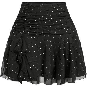 imageSOLY HUX Womens Summer Skirts High Waisted Ruffle Mini Skirts Flared Flowy Beach Short SkirtBlack Rhinestone