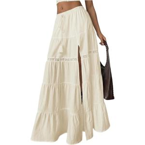 imageSOLY HUX Womens Summer Split Maxi Skirt Tie Front Elastic Waist Lace Ruffle Hem Long Flowy SkirtsPure Apricot