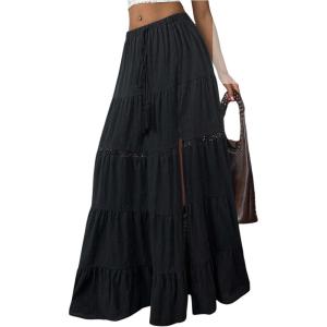 imageSOLY HUX Womens Summer Split Maxi Skirt Tie Front Elastic Waist Lace Ruffle Hem Long Flowy SkirtsPure Black