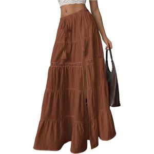 imageSOLY HUX Womens Summer Split Maxi Skirt Tie Front Elastic Waist Lace Ruffle Hem Long Flowy SkirtsPure Coffee Brown