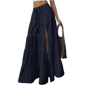 imageSOLY HUX Womens Summer Split Maxi Skirt Tie Front Elastic Waist Lace Ruffle Hem Long Flowy SkirtsPure Dark Blue
