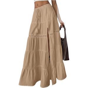 imageSOLY HUX Womens Summer Split Maxi Skirt Tie Front Elastic Waist Lace Ruffle Hem Long Flowy SkirtsPure Khaki