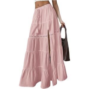 imageSOLY HUX Womens Summer Split Maxi Skirt Tie Front Elastic Waist Lace Ruffle Hem Long Flowy SkirtsPure Pink