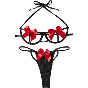 imageSOLY HUX Womens Two Piece Underwire Lingerie Set Bow Knot Cut Out Halter Bra and Panty SleepwearBlack and Red