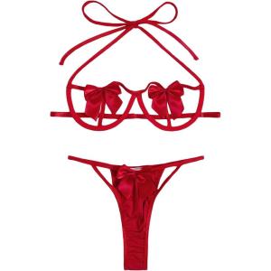 imageSOLY HUX Womens Two Piece Underwire Lingerie Set Bow Knot Cut Out Halter Bra and Panty SleepwearPure Red