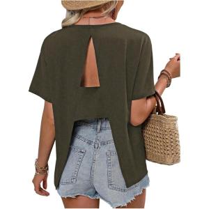 imageSOLY HUX Womens Open Back Tops Cut Out Split Tee Short Sleeve Round Neck Casual T ShirtSolid Army Green