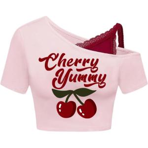 imageSOLY HUX Womens Y2k Cherry Print Tees Crop Top Cute Graphic Short Sleeve Lace 2 in 1 TShirtsPink Red
