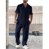 imageSOLY HUX Mens Plus Size 2 Piece Outfits Summer Short Sleeve Button Down Shirt and Pants SetPure Dark Blue