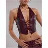 imageSOLY HUX Womens PU Leather Halter Top Lace Up Sleeveless Backless Y2k Crop Tank TopsPlain Burgundy