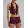 imageSOLY HUX Womens PU Leather Halter Top Lace Up Sleeveless Backless Y2k Crop Tank TopsPlain Burgundy