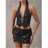 imageSOLY HUX Womens PU Leather Halter Top Lace Up Sleeveless Backless Y2k Crop Tank TopsSolid Black