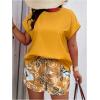 imageSOLY HUX Womens Plus Size 2 Piece Outfits Summer Printed Short Sleeve Blouse Tops and Shorts SetMustard Yellow Tribal