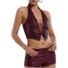 imageSOLY HUX Womens PU Leather Halter Top Lace Up Sleeveless Backless Y2k Crop Tank TopsPlain Burgundy