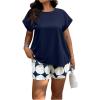 imageSOLY HUX Womens Plus Size 2 Piece Outfits Summer Printed Short Sleeve Blouse Tops and Shorts SetDark Blue Printed