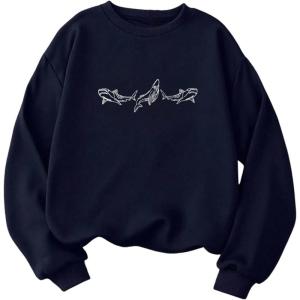 imageSOLY HUX Womens Crewneck Graphic Sweatshirts Long Sleeve Oversized Loose Fit Shirts Drop Shoulder Pullover Casual TopsDark Blue Shark