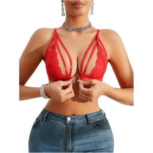 imageSOLY HUX Womens Lace Bralette Front Closure Bras Wireless Cutout Deep V Triangle Sexy Lace BraPure Red