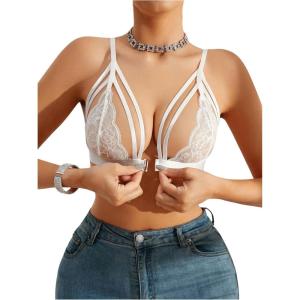 imageSOLY HUX Womens Lace Bralette Front Closure Bras Wireless Cutout Deep V Triangle Sexy Lace BraPure White