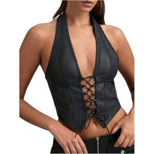 imageSOLY HUX Womens PU Leather Halter Top Lace Up Sleeveless Backless Y2k Crop Tank TopsSolid Black