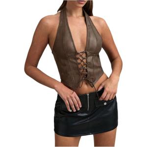 imageSOLY HUX Womens PU Leather Halter Top Lace Up Sleeveless Backless Y2k Crop Tank TopsSolid Brown