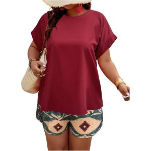 imageSOLY HUX Womens Plus Size 2 Piece Outfits Summer Printed Short Sleeve Blouse Tops and Shorts SetBurgundy Printed
