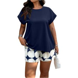 imageSOLY HUX Womens Plus Size 2 Piece Outfits Summer Printed Short Sleeve Blouse Tops and Shorts SetDark Blue Printed