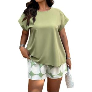 imageSOLY HUX Womens Plus Size 2 Piece Outfits Summer Printed Short Sleeve Blouse Tops and Shorts SetMint Green Printed