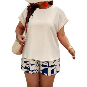 imageSOLY HUX Womens Plus Size 2 Piece Outfits Summer Printed Short Sleeve Blouse Tops and Shorts SetMulti Printed