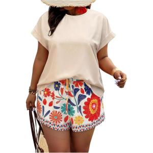 imageSOLY HUX Womens Plus Size 2 Piece Outfits Summer Printed Short Sleeve Blouse Tops and Shorts SetMulticoloured Floral