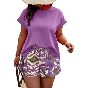 imageSOLY HUX Womens Plus Size 2 Piece Outfits Summer Printed Short Sleeve Blouse Tops and Shorts SetPurple Printed