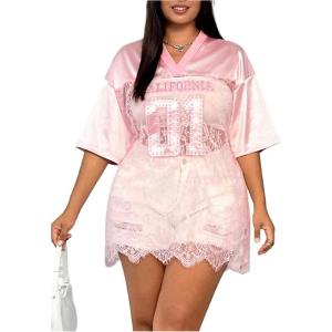 imageSOLY HUX Womens Plus Size Jersey Shirts Lace Sheer V Neck Half Sleeve Number Graphic Tees Casual T ShirtPink Letter