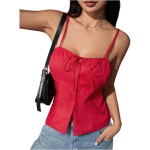 imageSOLY HUX Womens Tie Front Button Down Cami Top Y2k Spaghetti Strap Bustier Corset Tops CamisolePlain Red