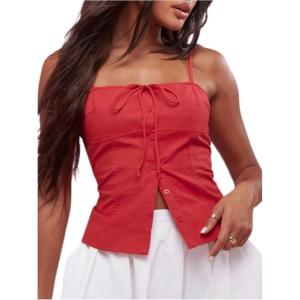 imageSOLY HUX Womens Tie Front Button Down Cami Top Y2k Spaghetti Strap Bustier Corset Tops CamisoleSolid Red