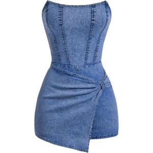 imageSOLY HUX Womens Y2k Tube Top Denim Romper Wrap Strapless Bodycon Short JumpsuitsPlain Blue