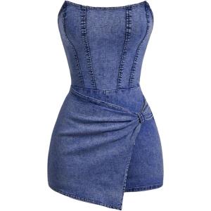 imageSOLY HUX Womens Y2k Tube Top Denim Romper Wrap Strapless Bodycon Short JumpsuitsPlain Dark Blue