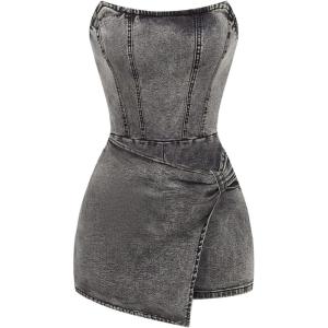 imageSOLY HUX Womens Y2k Tube Top Denim Romper Wrap Strapless Bodycon Short JumpsuitsPlain Grey