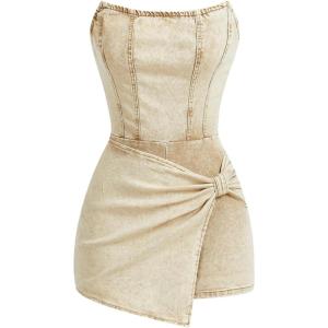 imageSOLY HUX Womens Y2k Tube Top Denim Romper Wrap Strapless Bodycon Short JumpsuitsPlain Khaki