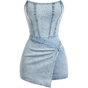 imageSOLY HUX Womens Y2k Tube Top Denim Romper Wrap Strapless Bodycon Short JumpsuitsPlain Light Blue