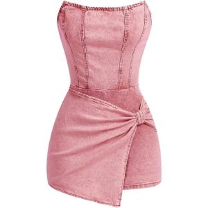 imageSOLY HUX Womens Y2k Tube Top Denim Romper Wrap Strapless Bodycon Short JumpsuitsPlain Pink