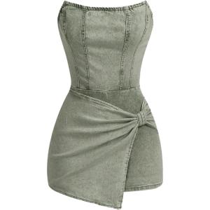 imageSOLY HUX Womens Y2k Tube Top Denim Romper Wrap Strapless Bodycon Short JumpsuitsPure Green