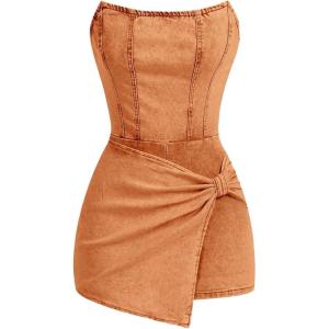 imageSOLY HUX Womens Y2k Tube Top Denim Romper Wrap Strapless Bodycon Short JumpsuitsPure Orange