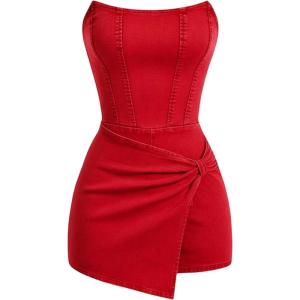imageSOLY HUX Womens Y2k Tube Top Denim Romper Wrap Strapless Bodycon Short JumpsuitsPure Red
