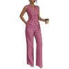 imageSOLY HUX Womens 2 Piece Outfits V Neck Button Down Vest Tops and High Waisted Pants Set Office Work SuitPlain Hotpink