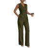 imageSOLY HUX Womens 2 Piece Outfits V Neck Button Down Vest Tops and High Waisted Pants Set Office Work SuitSolid Army Green