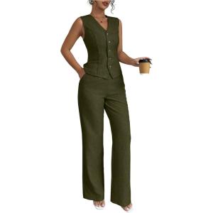 imageSOLY HUX Womens 2 Piece Outfits V Neck Button Down Vest Tops and High Waisted Pants Set Office Work SuitSolid Army Green