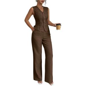 imageSOLY HUX Womens 2 Piece Outfits V Neck Button Down Vest Tops and High Waisted Pants Set Office Work SuitSolid Mocha Brown