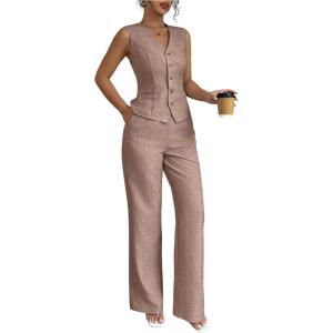 imageSOLY HUX Womens 2 Piece Outfits V Neck Button Down Vest Tops and High Waisted Pants Set Office Work SuitSolid Redwood