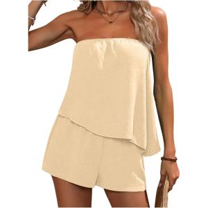 imageSOLY HUX Womens Summer 2 Piece Outfits Sleeveless Asymmetrical Tube Top and Shorts SetPlain Apricot