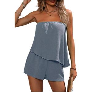imageSOLY HUX Womens Summer 2 Piece Outfits Sleeveless Asymmetrical Tube Top and Shorts SetPlain Blue