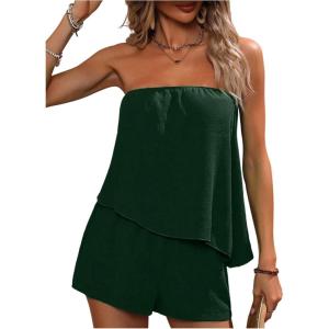 imageSOLY HUX Womens Summer 2 Piece Outfits Sleeveless Asymmetrical Tube Top and Shorts SetPlain Dark Green
